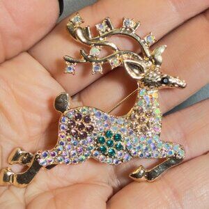 Reindeer Brooch Aurora Rhinestone Christmas Deer Holiday Pin Gold Tone 2”